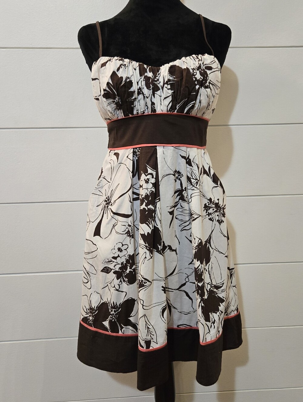 Juniors Brown Floral Print Sundress with Contrast Trim